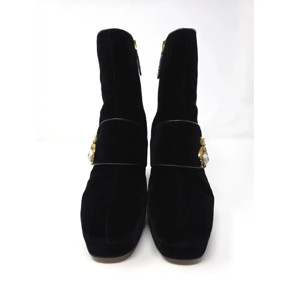 Gucci Platform Soko Bee GG Logo Ankle Boots Black Velvet Square Toe 40.5 10.5